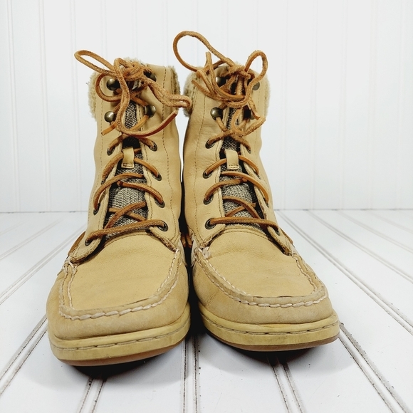 Sperry Top-sider Tall Women Tan Leather Fur Non-Marking Lace Up Ankle Boots B373 - Picture 3 of 12